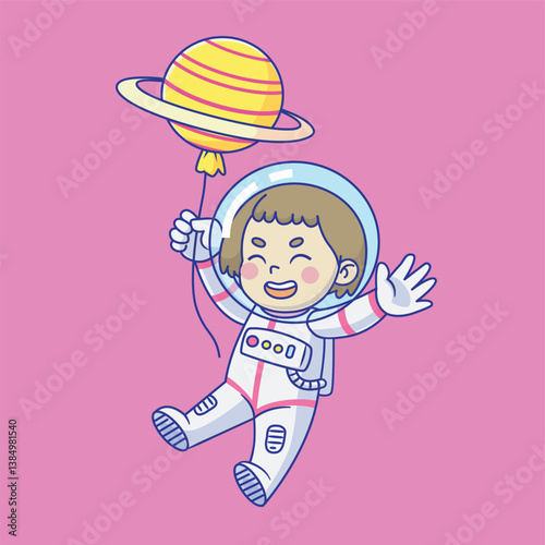 female astronaut floating holding balloons, symbolizing thank you, bye, hi. for presentation opening and closing or website banner