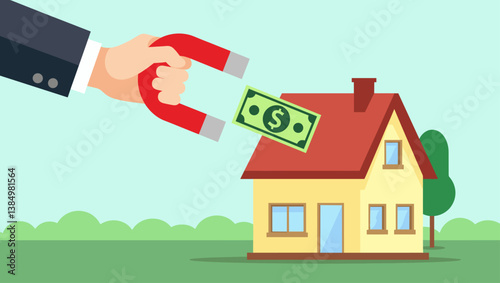 Predatory Lending: A Hand with Magnet Siphoning Money from a Home.  Risky Mortgages & Financial Exploitation.  Real Estate and Banking Practices Illustrated
