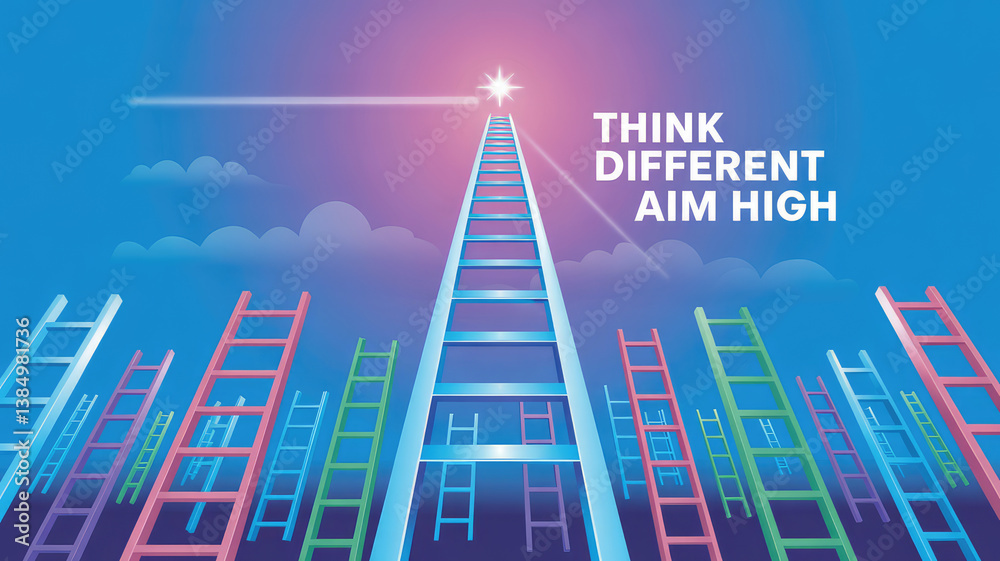 Fototapeta premium Climbing to Success: A motivational depiction of various ladders ascending towards a star, with a call to action urging viewers to 