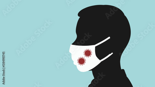 Silhouette Wearing a Face Mask Covered in Coronavirus Symbols - Vector Illustration for Pandemic Awareness, Global Health Crisis, and Medical Safety Promotion