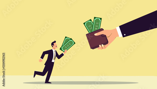 Business Theft Vector: A Powerful Giant's Hand Grabs Money from a Running Entrepreneur During Financial Hardship. Economic Crime and Predatory Lending Illustration