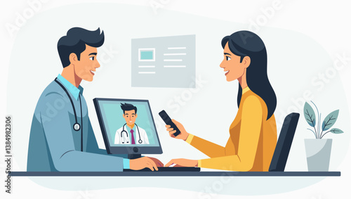 Virtual Doctor Appointment: Smiling Patient Consults with Physician via Online Video Call. Telemedicine, Healthcare, Remote Medical Consultation. Editable Vector Illustration.