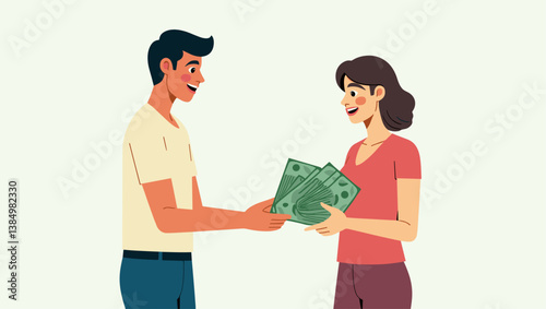 Child Support: Happy Father Giving Money to Smiling Mother. Vector Graphic Illustrating Financial Responsibility, Co-Parenting, Family Law, and Divorce Agreement Compliance