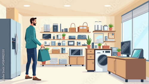 Modern Appliance Shopping: Man Browsing Consumer Electronics & Home Goods in Stylish Showroom, Fridge, TV, Washer, & Kitchen Tech - Vector Illustration