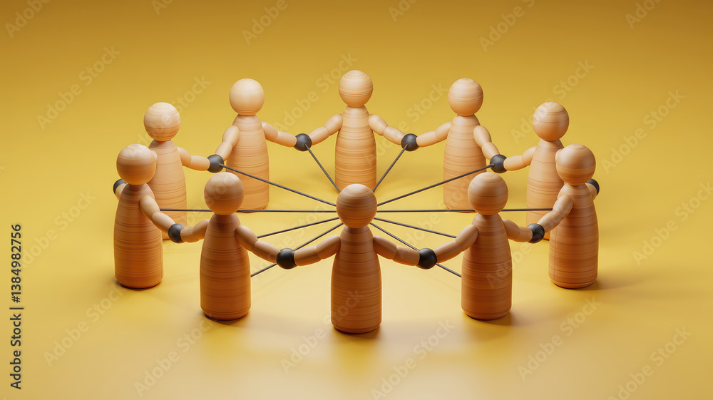 Obraz premium Collective Bonds: Wooden figures linked together, symbolizing unity, collaboration, and interconnectedness in a network on a textured background.