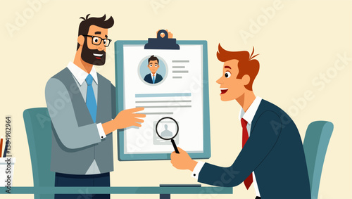 Captivating Vector Illustration: Hiring Manager Reviewing Resume, Interview Process, Analyzing Skills, Job Recruitment, Employment, Business Meeting - Stock Vector Graphic