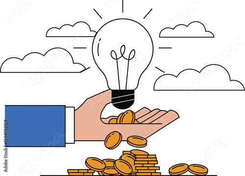 Innovative ideas lead to financial success, A hand holding a lightbulb, with coins raining down from it onto a pile of coins below.