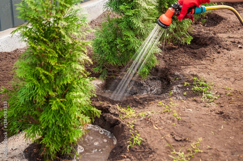 Naklejka premium Watering newly planted Green Arborvitae trees in the yard ensures healthy growth and establishment.