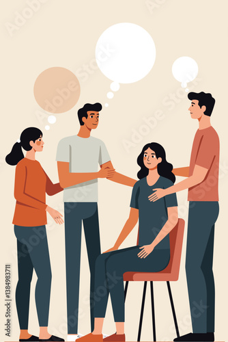 Empathetic Support Group Vector: Caring People Offering Comfort, Listening, and Shared Thoughts in Therapy, Counselling, or Personal Assistance, Featuring Speech Bubbles.