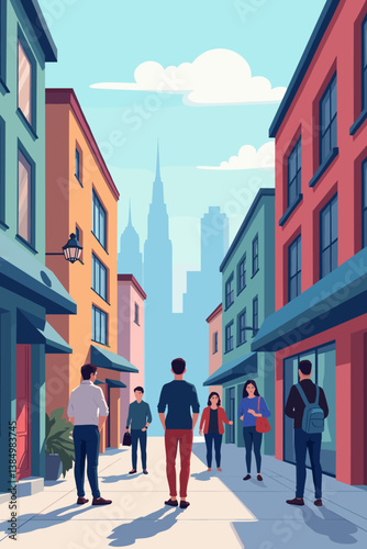 Vibrant City Street with Diverse Group of People Strolling Amidst Colorful Buildings and Distant Skyscrapers, Capturing Urban Lifestyle and Community Togetherness