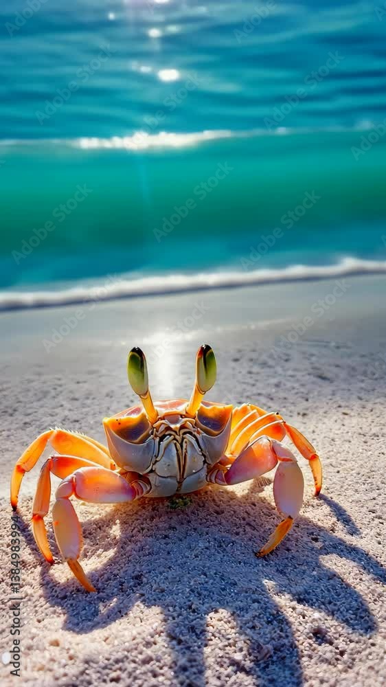 Colorful crab on sandy beach near turquoise water during sunny day