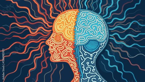 Brain Hemispheres: Creative vs. Analytical Thinking in Psychology, Neurology, Science. Vivid Vector Illustration for Educational and Medical Projects.
