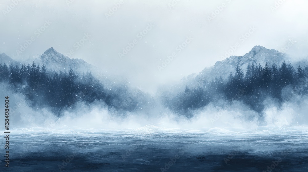 Naklejka premium Misty Blue Landscape with Mountains and Pine Trees under a Cloudy Sky
