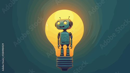 Futuristic Robot Standing in Glowing Light Bulb: Conceptual Innovation Vector Graphic for Technology, Artificial Intelligence, Creativity, and Bright Ideas.