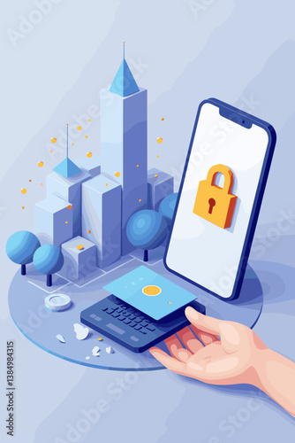 Secure Mobile Payment Concept with NFC Technology & Digital Cityscape: Seamless Online Transactions, Banking App & Hand Illustration for Financial Security (Vector)