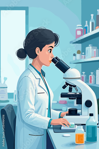 Female Scientist Analyzing Sample Under Microscope in a Bright, Clean Laboratory. Conducting Cutting-Edge Medical, Pharmaceutical or Chemical Research - Vector Illustration