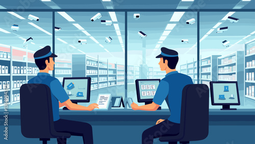 Retail Security Command Center: Two Officers Vigilantly Monitoring Supermarket Surveillance Cameras for Loss Prevention and Public Safety Vector Illustration.