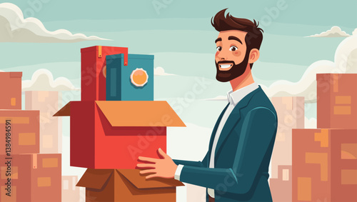 Cheerful Salesman at Trade Show Presenting Colorful Product Boxes with Optimism and Professionalism. Vibrant Flat Vector Illustration for Marketing Success.