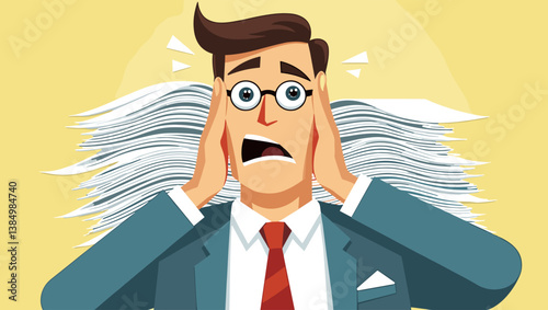 Frustrated Businessman Drowning in Paperwork Deadline Pressure: Vector Illustration of Overworked Employee in Despair Facing Overwhelming Document Stack in Office Chaos