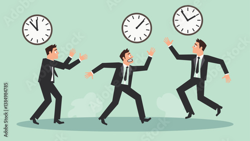 Frantic Businessmen Race Against Time: Cartoon Executives Overwhelmed by Deadlines and Time Pressure, Vector Illustration for Time Management, Stress, and Productivity Concepts