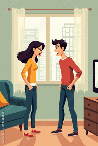 Animated Stressed Couple Arguing in Apartment Vector: Relationship Trouble, Marriage Conflict, Communication Breakdown in Modern Home Setting with City View