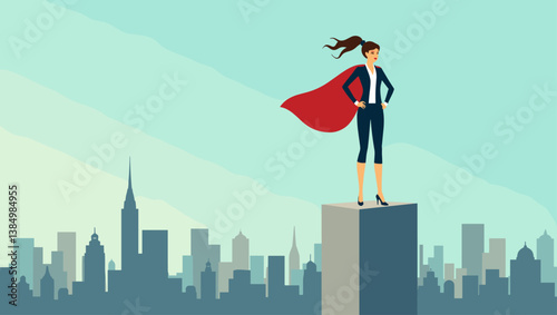 Confident Superwoman Standing on Skyscraper Rooftop with Red Cape Overlooking City Skyline for Corporate Leadership and Business Success Concepts Vector Graphic