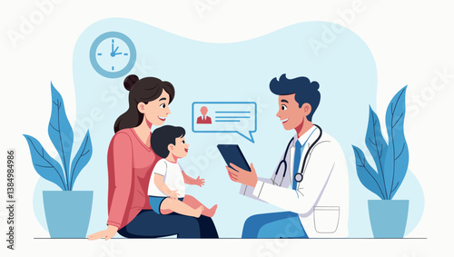 Modern Telehealth Illustration: Caring Doctor Consults with Mother and Child Online via Tablet for Pediatric Healthcare, Offering Convenient Medical Advice and Support