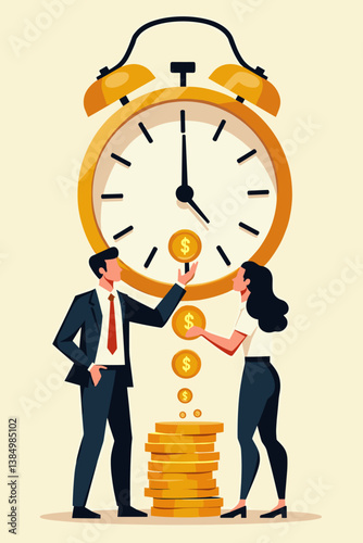 Time is Money: Teamwork Earning and Saving. Business Partners Converting Clock Hours to Gold Coins for Financial Success. Vector Illustration Symbolizing Investment, Productivity and Growth