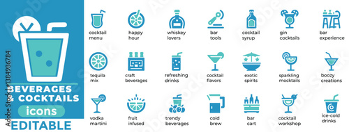 Editable beverages and cocktails vector set with drinks, glasses and bar icons perfect for digital, print, menus and branding