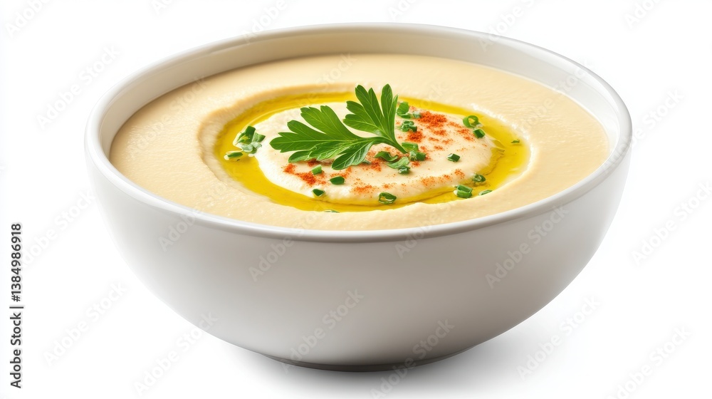 Creamy White Soup Garnished with Fresh Herbs and Olive Oil Drizzle Creamy White Soup Garnished with Fresh Herbs and Olive Oil Drizzle