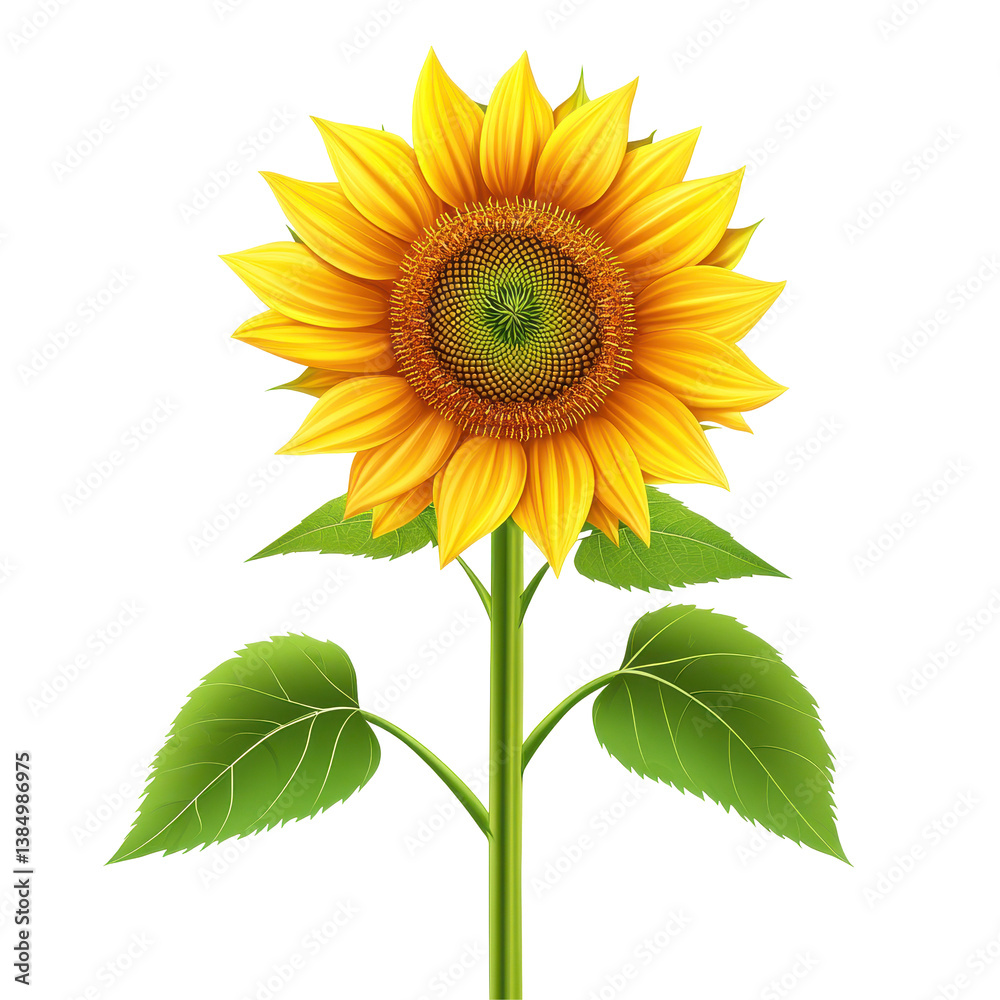 Obraz premium Bright sunflower blooming with vibrant petals and lush green leaves against a clean Transparent background, single sunflower with green leaves on a