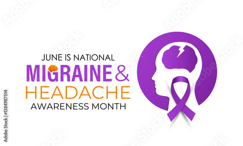 Vector illustration on the theme of National Migraine and headache awareness month in June. Symptoms can include severe throbbing pain, nausea, light sound sensitivity, and aura. Banner and background