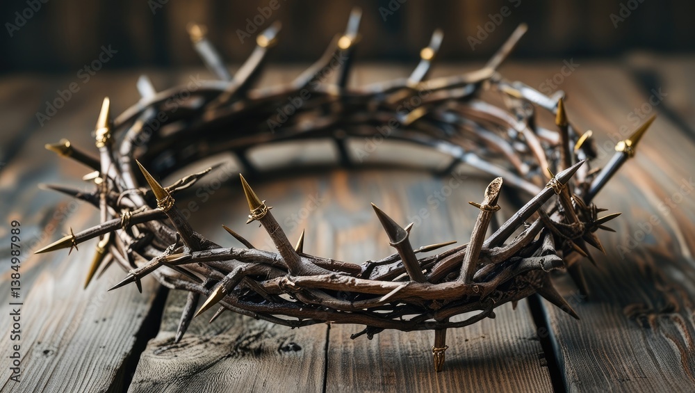 Fototapeta premium An authentic crown of thorns on a wooden background. Easter Theme