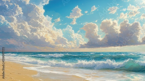 Sunny Beach Seascape; Vast Cloudscape; Peaceful Scene; Stock Photo