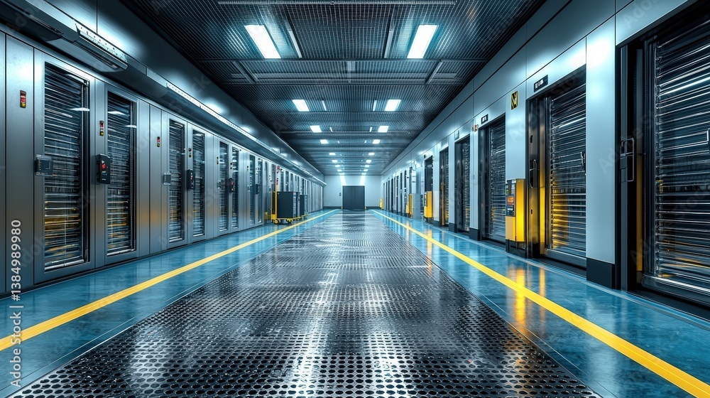 Fototapeta premium Modern Data Center with Brightly Lit Aisles and High-Tech Server Racks in Rows