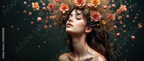 Spring. Unrealistically beautiful girl with flowers flowing her hair, disintegration, beautiful complex makeup, parted lips, charismatic look. Banner advertising for high fashion, hair style, cosmetic photo