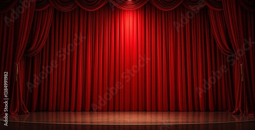 Elegant red velvet theater curtain closed on stage with spotlight above, dramatic style on dark wooden background, concept of performance or show. Ai generative