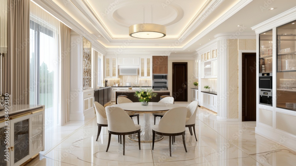 Neoclassic modern dining, round glossy table, classic ceiling molding, built in light, full layout