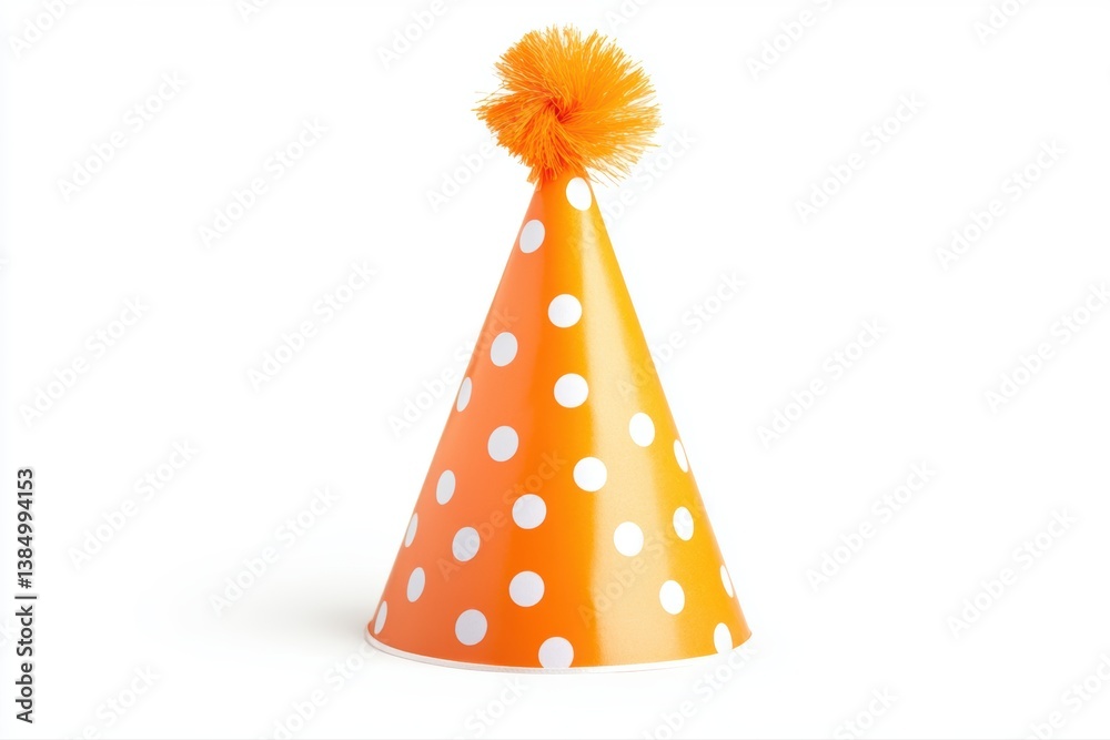 Naklejka premium Celebration Hat: A close-up studio shot of a vibrant orange party hat with white polka dots and a fluffy pom-pom, evoking festive cheer and celebration.