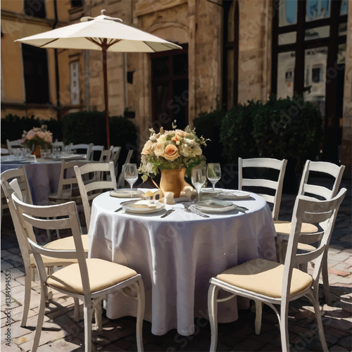 Elegant wedding table setting at a restaurant with chairs, glasses, napkins, and a luxurious outdoor terrace ambiance