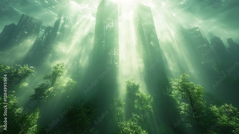 Enigmatic city skyscrapers reclaimed by nature bathed in ethereal green light mystical fog and sun rays piercing through