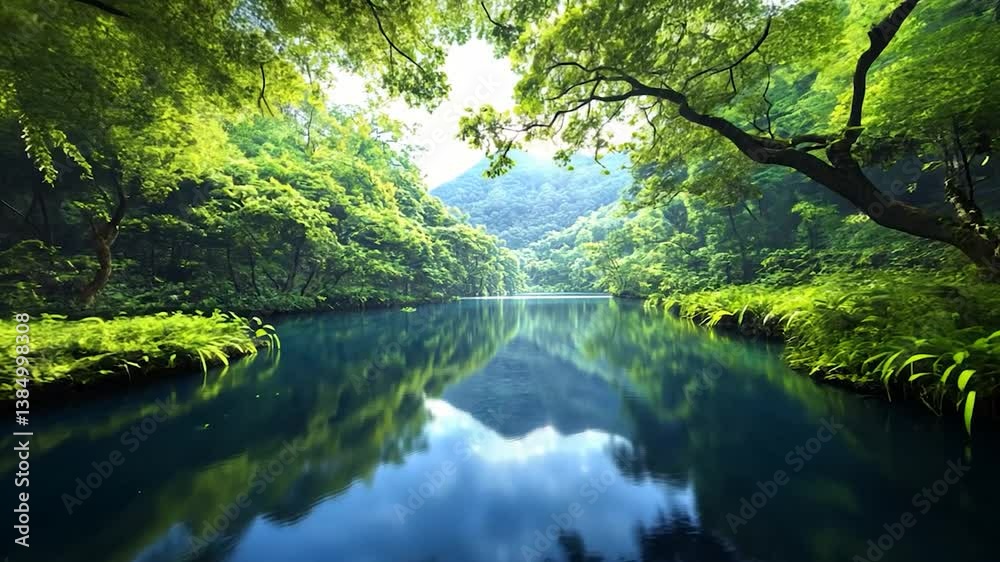 Lush Green Forest Surrounding a Serene River with Reflections Under a Bright Sky Lush Green Forest Surrounding a Serene River with Reflections Under a Bright Sky