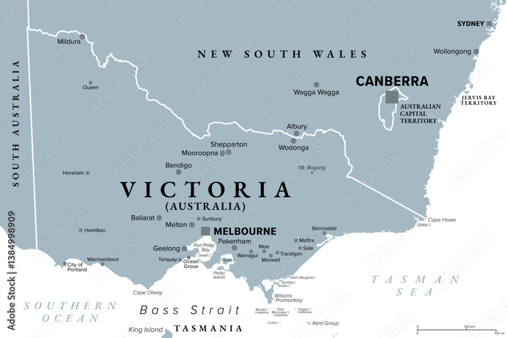 Victoria, a state in southeastern Australia, gray political map with capital Melbourne. Commonly abbreviated Vic, the second-smallest and second-most populated state. Isolated illustration over white.
