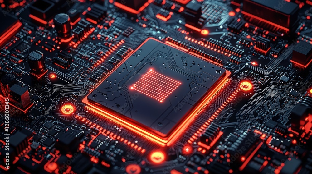 Obraz premium Intricate Close-Up of Futuristic Circuit Board with Glowing Elements and Advanced Technology Design