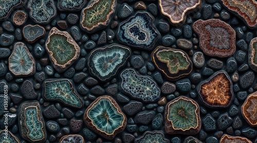 pebbles and gems surface of dark green stones texture seen from above	
