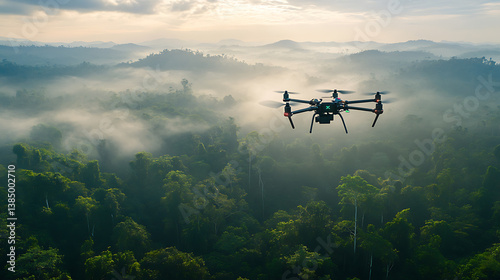 Fototapeta Naklejka Na Ścianę i Meble -  An AI powered drone monitoring forest biodiversity and wildlife in a remote rainforest, vast jungle landscape with real-time environmental and animal tracking data, Biodiversity technology style
