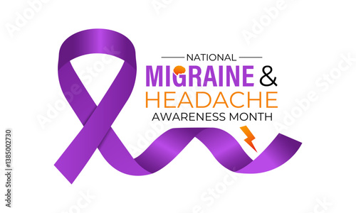 Vector illustration on the theme of National Migraine and headache awareness month in June. Symptoms can include severe throbbing pain, nausea, light sound sensitivity, and aura. Banner and background