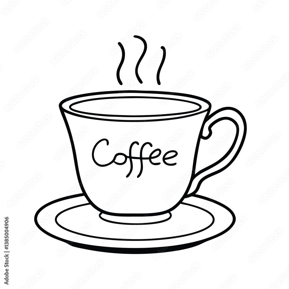 a vector line art illustration of a coffee cup placed on a saucer. The cup should have the word 'coffee a vector line art illustration of a coffee cup placed on a saucer. The cup should have the word 'coffee