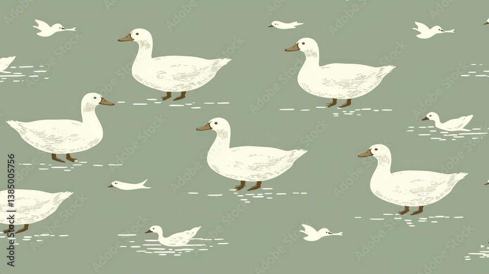 Fototapeta premium Playful Illustrations of White Ducks Swimming and Wandering on a Soft Green Background