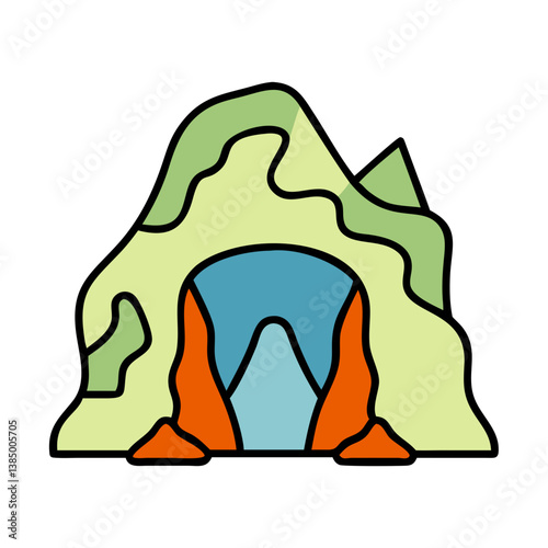 Cartoon Cave vector Mountain, Entrance, Rock, Green, Orange
